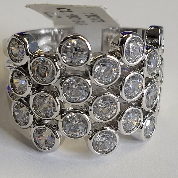 Clear Rhinestones Ring Size 9 Wide Band Silver Tone - Size 9 - Picture 2 of 14